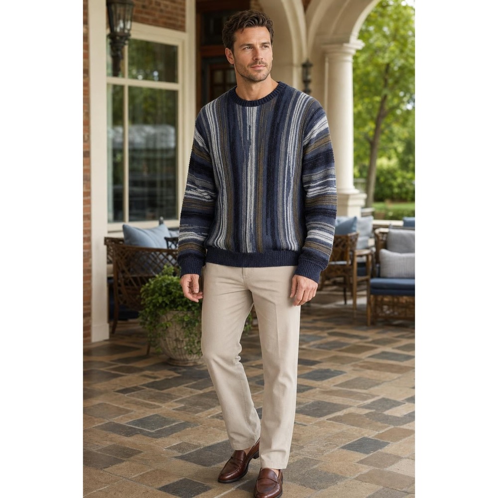 Vintage Bachrach 3D Knit Sweater Men's L Blue Striped Crewneck Preppy 90s Y2K